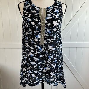 Juicy Couture Embellished Sleeveless Blouse Blue Black Floral Top Size Medium